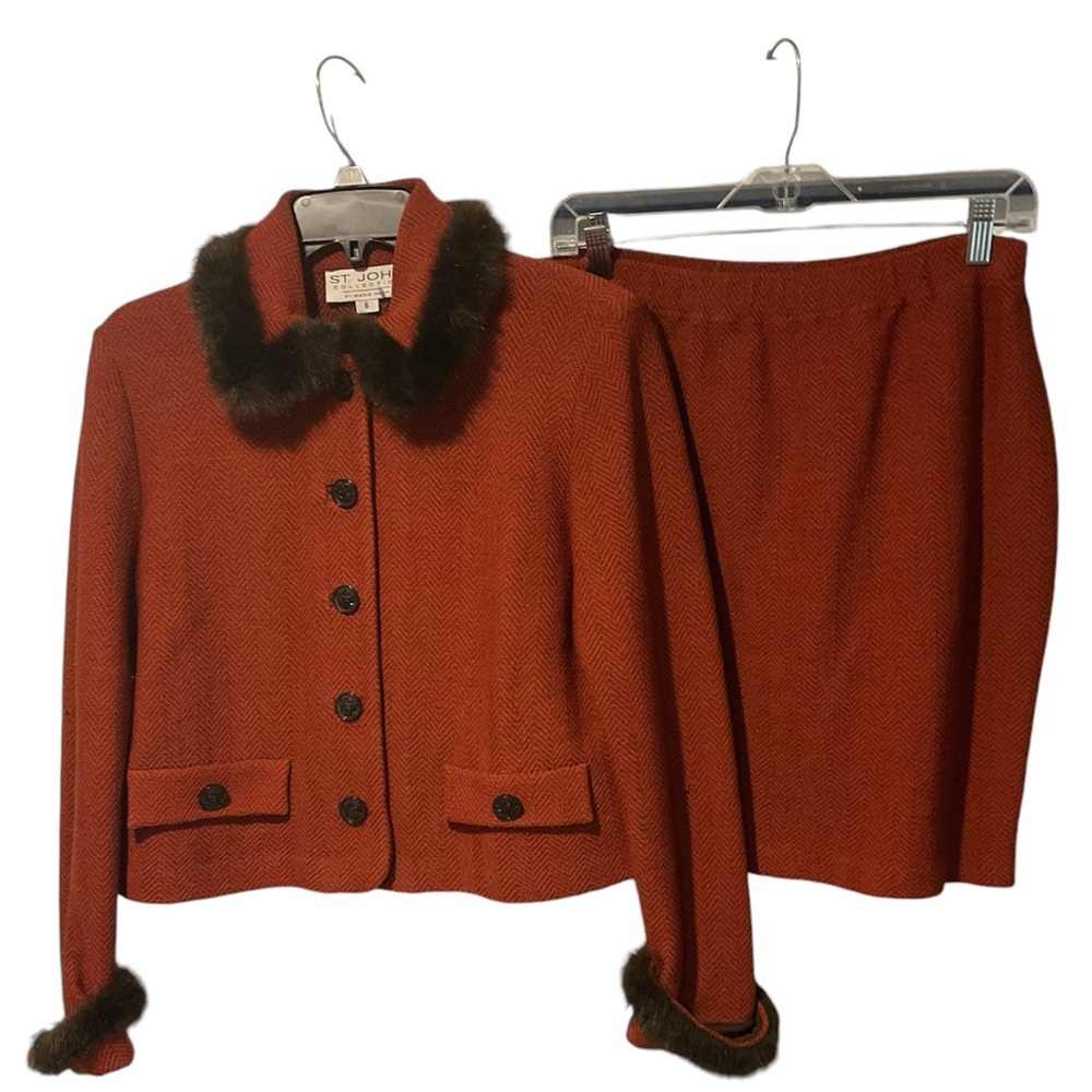 St. John Collection Vintage Wool Chevron Zigzag Fur Collar Skirt Suit Dress Y2K